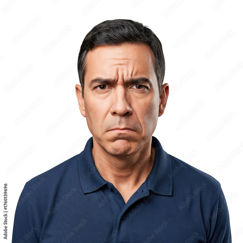 Obraz premium Confused middle-aged man with a worried and displeased facial expression, frowning deeply and looking directly at the viewer in a studio portrait.