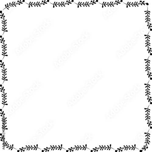 Hand drawn plants, dividers, wreaths, border frames. Circle floral frame with leaves on white background. Vector hand drawn illustration for wallpaper, posters, card. Copy space. Doodle style.