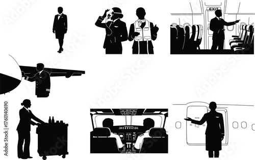 Airline crew and pilot activities in black and white vector panels showing flight service, ground inspection, and aviation teamwork moments.