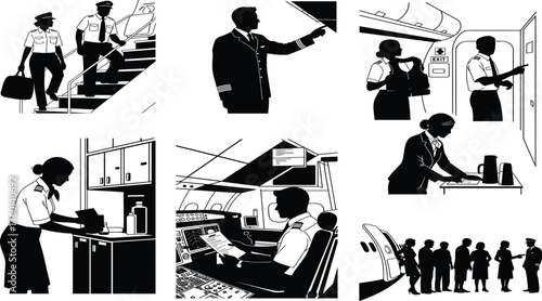 Airline crew and passenger scenes in black and white vector panels showing aviation teamwork, flight service, and boarding process moments.