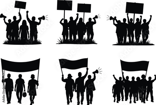 Black silhouette protest vector showing diverse groups with banners, megaphones, raised fists, walking in unity for justice and civic action
