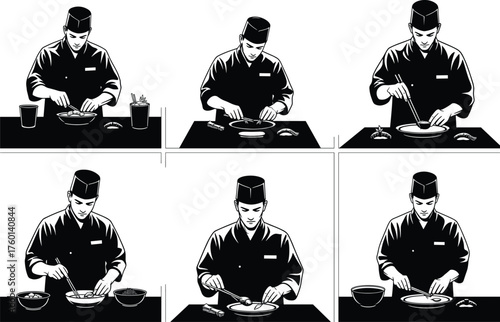 Chef Cooking Process in Kitchen – Egg Preparation, Whisking, Stirring, Mixing, Pouring, Kneading – Culinary Vector Illustration for Food Education