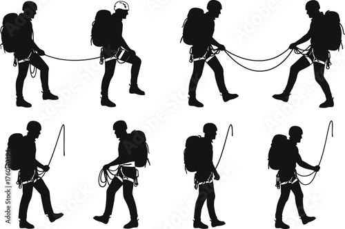Climbers handling ropes in silhouette style with backpacks, harnesses, teamwork poses—ideal for mountaineering, safety, outdoor adventure, sport, exploration