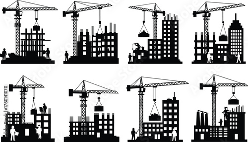 Construction site silhouette vector showing tower cranes, workers, building structures, lifting materials, urban development, and industrial architecture in black design