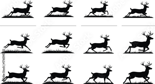 Deer running motion silhouette set showing wild animal leaping sequence for animation, nature study, hunting, and wildlife design projects