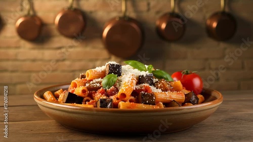Rustic bowl of Pasta alla Norma with rigatoni in tomato sauce, topped with fried eggplant cubes, grated cheese and basil leaves, on a wooden table in an Italian kitchen with brick wall
