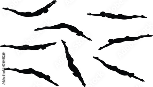 Diving silhouette set showing streamlined body positions in water entry, capturing motion, technique, athletic form, sports action and human grace