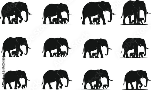 Elephant family silhouette set showing parent and baby walking together in nature for wildlife, safari, animal bond, and vector design