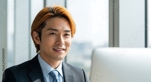Wallpaper Mural A smiling young Asian businessman with dyed blond hair sits in a modern office with a bright window background. Torontodigital.ca