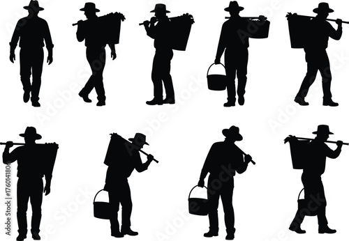 Farmer silhouette vector set showing grape harvesting, rural labor, basket carrying, traditional agriculture, and vineyard lifestyle in black isolated style