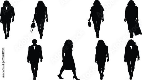 Fashionable walking silhouettes in formal attire, stylish poses, handbags, high heels, suits and dresses, modern elegance, urban runway vector art