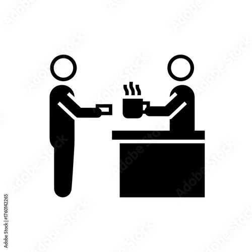 Minimalistic black-and-white pictogram of a person buying coffee at a counter, clean vector lines, white background, flat modern design.