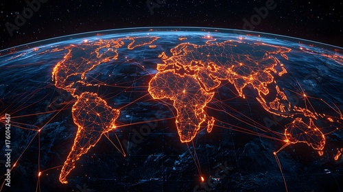 The image shows a digital rendition of Earth, with continents outlined in glowing orange networks and lines against a dark blue oceanic background, under a starry sky.