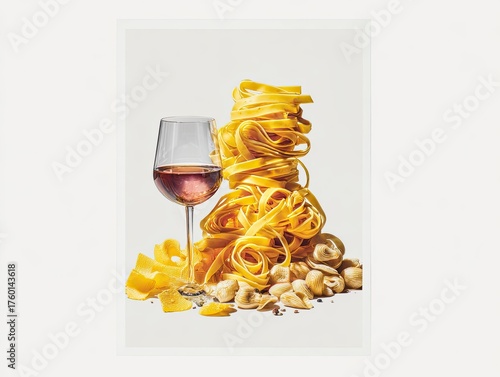 Pasta, cheese, hazelnuts, wine pairing in bright studio for menu cover or food ads