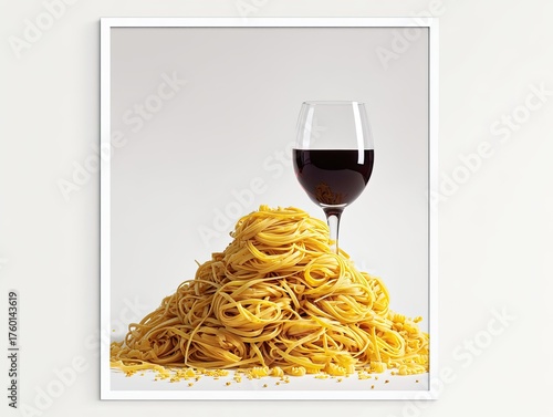 Pasta serving with red wine against a plain backdrop for a restaurant menu item