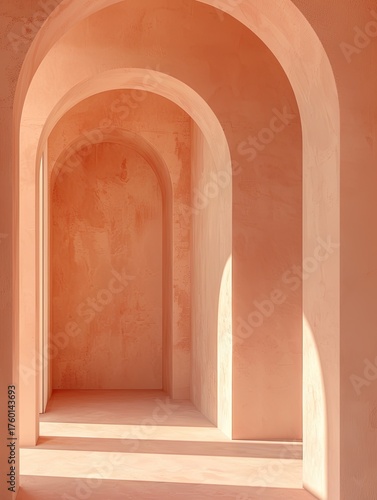 Peach arched hallway with sunlight. Architectural design backdrop or wallpaper