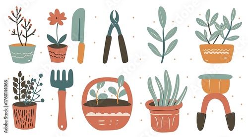 Plants, Tools, Gardening Elements. Isolated, Home, and Craft Use. Dotted Background