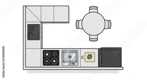 kitchen design minimal layout showcasing cooktop sink dining table for efficient meal prep  family gatherings perfect for real estate websites.