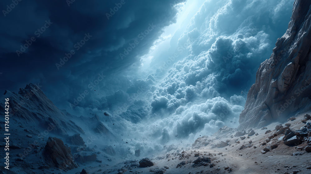 Obraz premium Dramatic landscape featuring towering clouds and rocky terrain, evoking sense of awe and mystery. scene captures beauty of nature power and vastness of sky