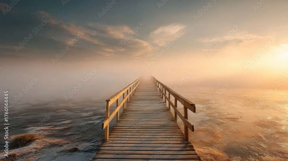 Obraz premium Tranquil Wooden Pier Stretching Over Misty Water at Sunrise with Soft Hues of Orange and Blue Creating a Serene Atmosphere in Nature