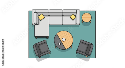 living room layout overhead view of a sectional sofa chairs  tables arranged on a rug in a modern home ideal for interior design mockups floorplans