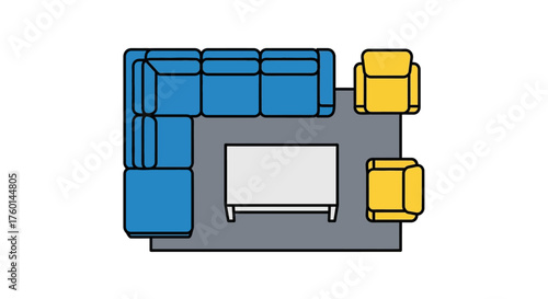 living room layout a blue sectional sofa two yellow armchairs and a coffee table arranged on a gray rug ideal for interior design presentations