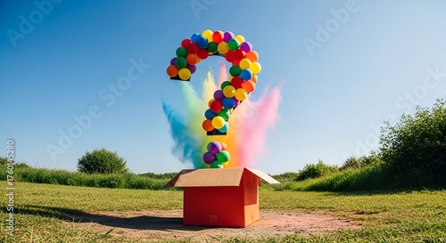 Colorful balloons burst from a cardboard box in a vibrant outdoor display during a sunny afternoon gender shower