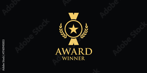 Gold award of winner medal abstract vector and logo design or template champions business icon of company identity symbol concept