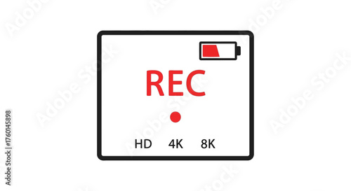 Low battery recording indicator camera recording with low battery displayed signaling a need for power suitable for visual alerts and warnings.