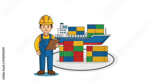 Logistics manager with clipboard overseeing cargo ship operations with stacked containers illustrating global supply chain efficiency.