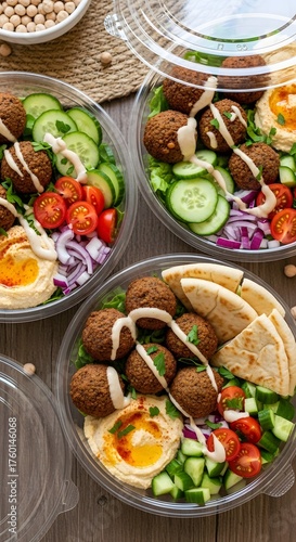Three plastic containers of falafel salad with hummus, vegetables, and pita bread on a wooden table.