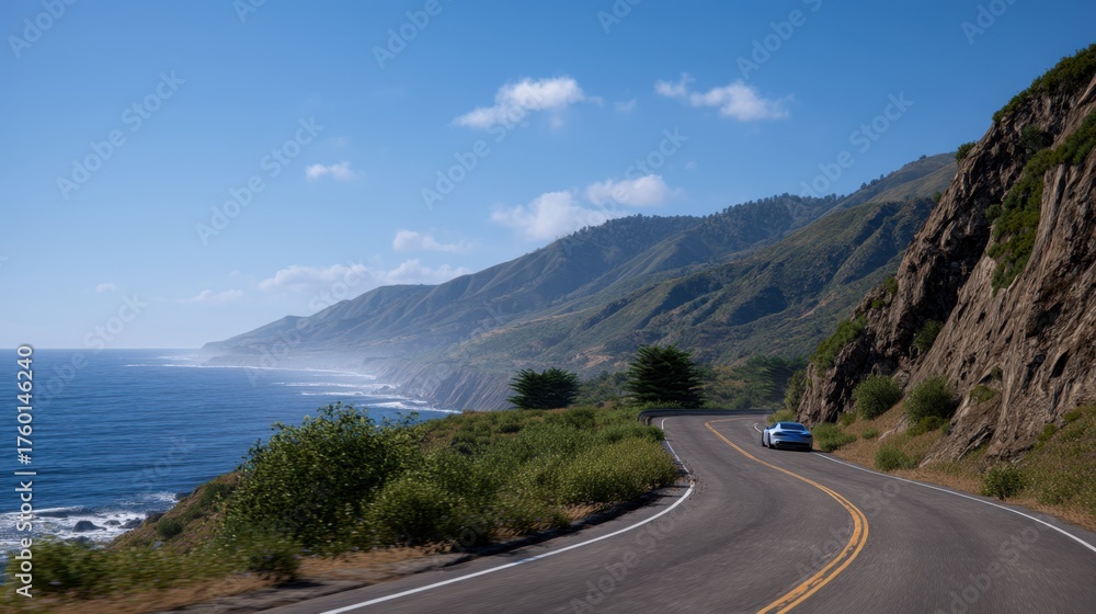 Fototapeta premium Winding Coastal Road Along Dramatic Cliffside with Scenic Ocean View and Blue Sky