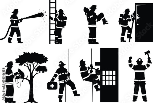 Firefighter silhouette vector showing rescue operations, fire suppression, medical aid, ladder climbing, teamwork, and emergency response in urban disaster scenes