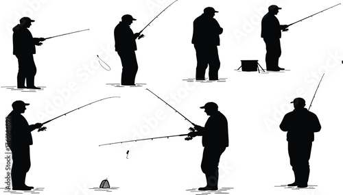 Fishermen silhouette vector collection showing men fishing with rods, standing near lake or river, outdoor recreation and hobby design.