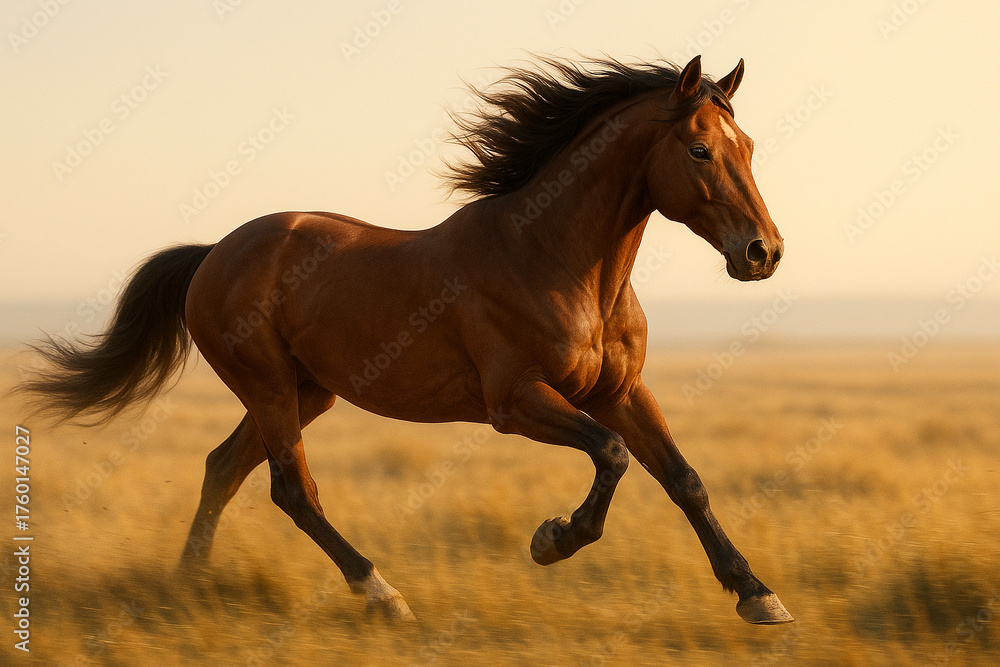 Fototapeta premium Powerful Brown Stallion Running Across Golden Field at Sunrise