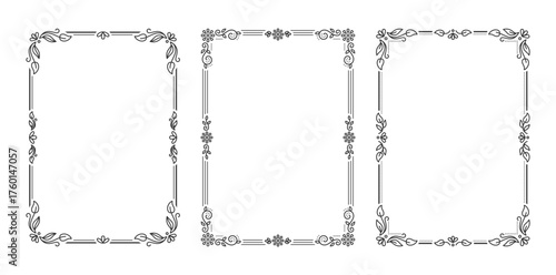 A4 frames set. Outline abstract vintage curve floral patterns, borders with contour delicate flourishes, leafy corners. Trims highlight linear motifs. Perimeters weave smooth margins exhibit swirls