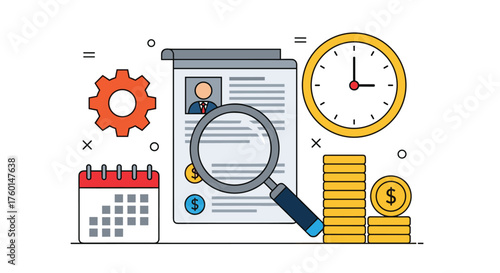 Analyze financial data with schedule planning for business growth, discover hidden revenue with magnifying glass and coin stacks in time management strategy
