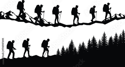 Hiking silhouette illustration showing forest and mountain trail journey, outdoor trekking adventure, backpack travel, nature exploration, and scenic walking path.
