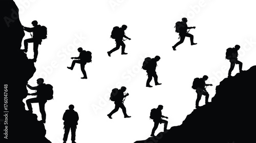 Hiking and climbing silhouette vector set showing backpackers, mountain trekking, outdoor adventure, steep rock ascent, nature exploration, active lifestyle poses