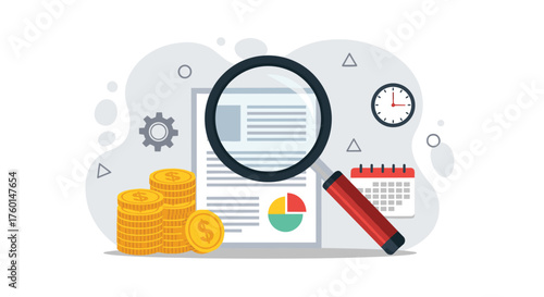 Financial analysis with magnifying glass, revealing insights for business growth and strategic planning, featuring coins, calendar and clock icons
