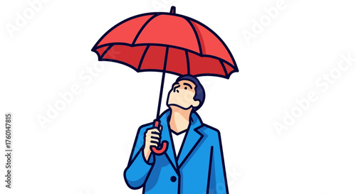 Man with umbrella looking up standing under red umbrella in blue raincoat visualizing rain expressing curiosity perfect for weather forecast