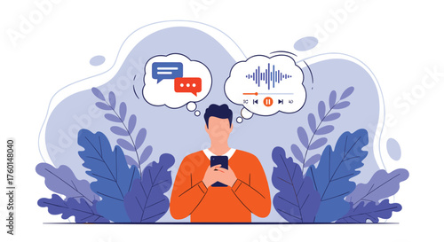Modern man using phone for audio messages and text communication surrounded by whimsical foliage in a contemporary design, perfect for digital connection