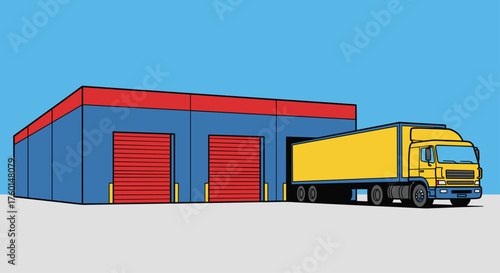 Efficient shipping concept showing a yellow delivery truck at a modern warehouse ready for distribution and logistics in a bright, vibrant scene