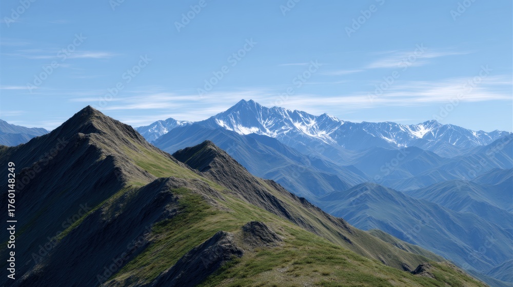 Fototapeta premium Scenic Ridgeline with Two Small Peaks in the Distant Snow-Capped Mountains
