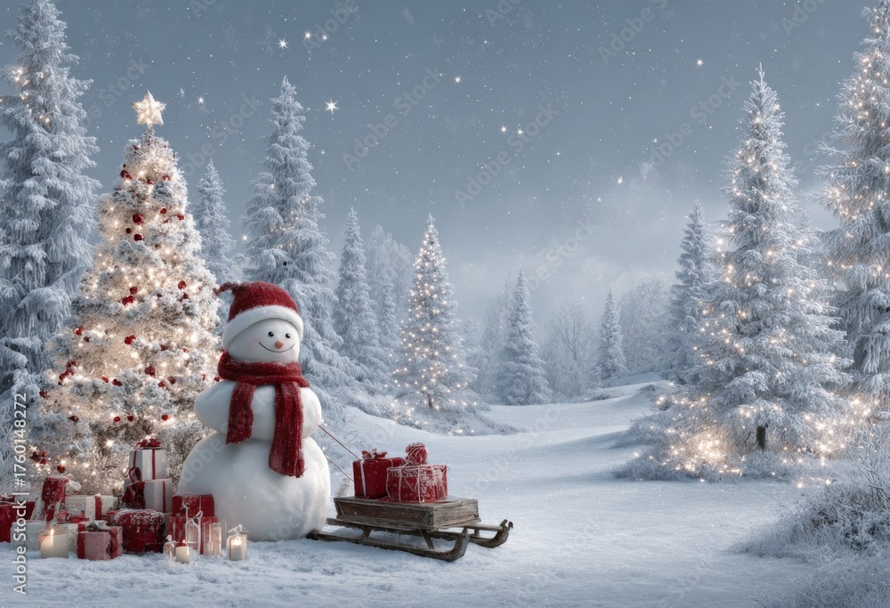 Fototapeta premium A Magical Winter Wonderland with a Festive Snowman, Christmas Tree, and Glimmering Holiday Decorations in a Serene Snowy Landscape