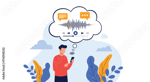 Engaging audio content, man with smartphone sharing voice messages, podcast, or audio clip for social media marketing success