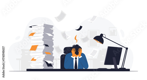 Overwhelmed professional facing paperwork chaos in modern office, experiencing burnout and stress from deadline pressure, needing time management skills
