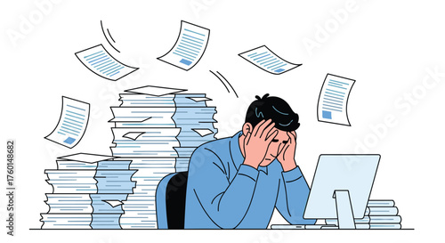 Stressed businessman overwhelmed by paperwork and deadlines at work struggling with burnout and feeling frustrated with high workload in modern office