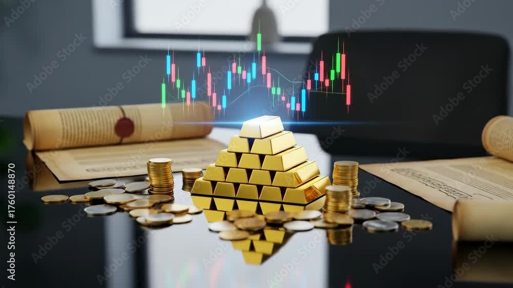 Financial assets Gold bars and coins with scrolls and charts, representing wealth and investments