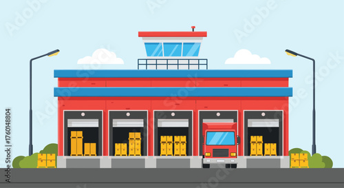 Efficient logistics hub with delivery truck at loading dock ready for shipping and distribution services in a modern, clean design perfect for presentations